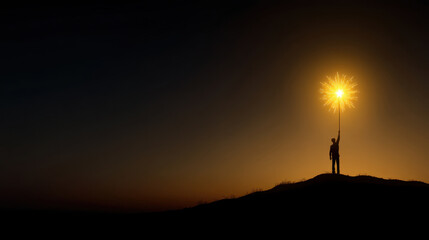 Person stands on hilltop, holding glowing sparkler against twilight sky, creating magical atmosphere. silhouette contrasts beautifully with warm light, evoking feelings of wonder and joy