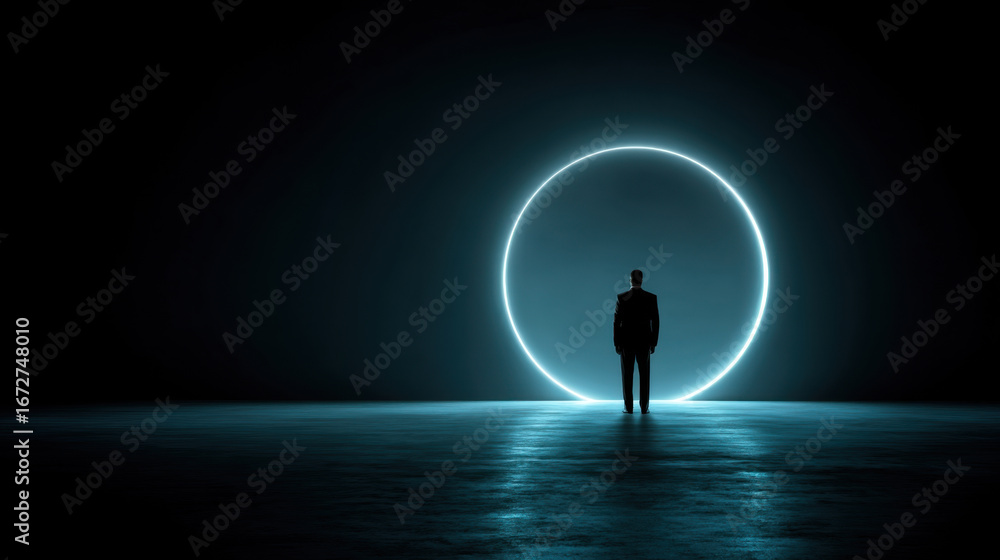 Poster silhouette of person stands front of glowing circular light dark environment, creating mysterious an