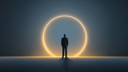 Obraz premium Person stands in dark space, gazing at glowing circular light. scene evokes feelings of contemplation and possibility, highlighting contrast between light and shadow