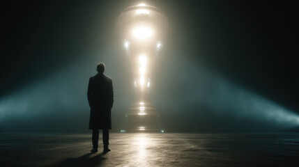 Fototapeta premium Silhouette of man stands in awe before large, illuminated trophy in dark, atmospheric setting. scene conveys sense of ambition and achievement, with beams of light highlighting trophy grandeur