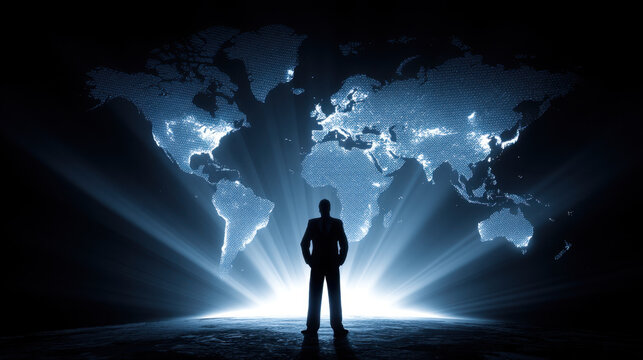 Silhouette of businessman standing against glowing world map, symbolizing global business and connectivity. scene conveys sense of opportunity and ambition