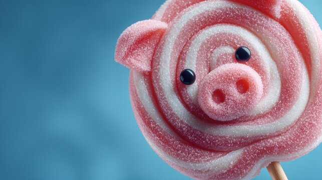 Colorful pig-shaped lollipop with swirls of pink and white sugar against a blue backdrop - Powered by Adobe