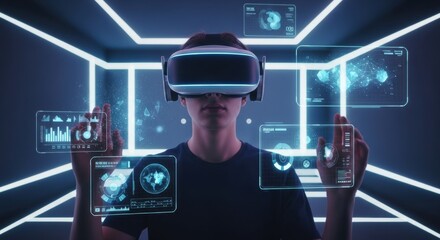 Immersive virtual reality experience with futuristic holographic data displays and interactive interfaces
