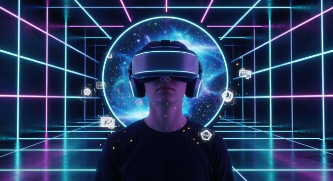 Immersive virtual reality experience with futuristic neon grid and glowing digital icons surrounding user