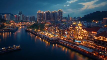 Fototapeta premium Modern city dining street with stylish outdoor cafes at night image