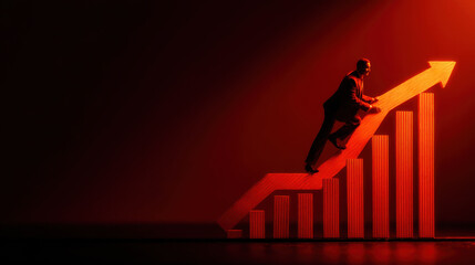 Businessman climbs stylized bar graph, symbolizing growth and success in competitive environment. red background enhances feeling of ambition and determination