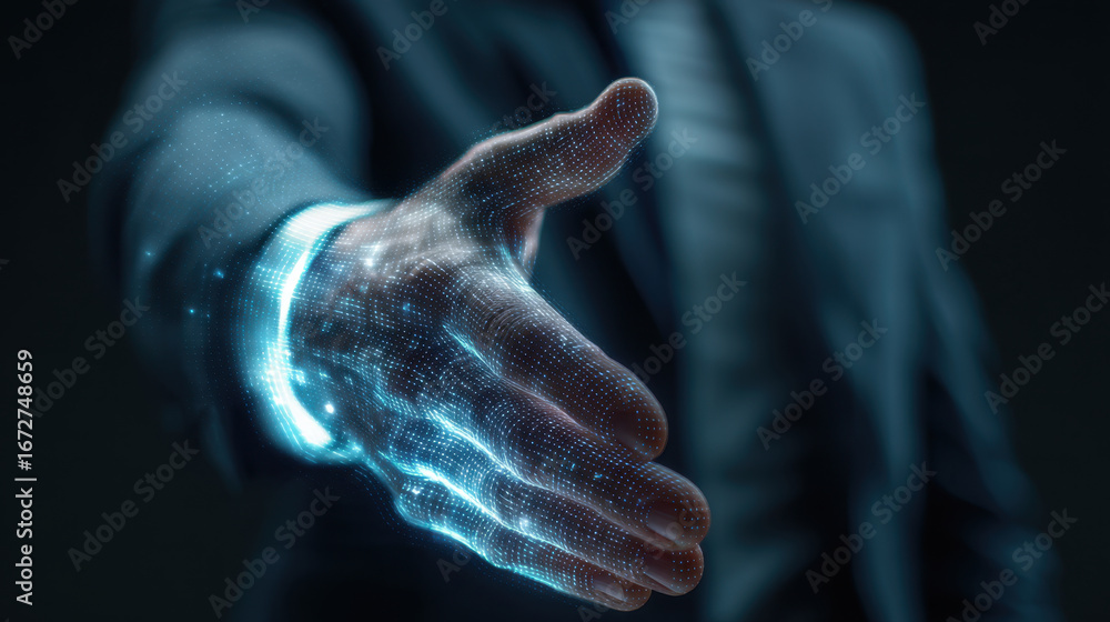 Poster digital hand reaching out symbolizes connection and technology, showcasing futuristic approach to co