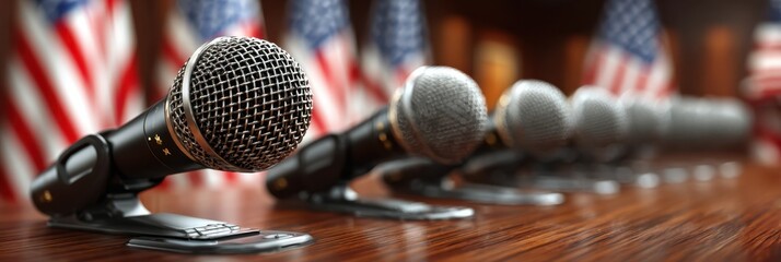 Multiple microphones positioned for a public address in a formal setting decorated with American flags