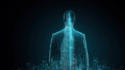 Digital silhouette of person is overlaid with futuristic cityscape, showcasing blend of technology and urban life. glowing blue lines create sense of depth and innovation, evoking feelings