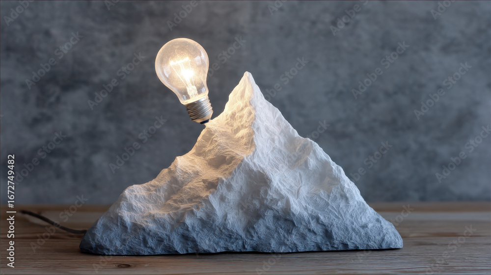 Poster unique lamp design featuring mountain shaped base with glowing light bulb on top, creating warm and 