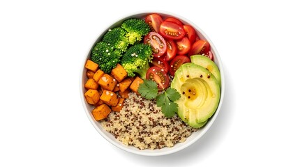 Healthy Quinoa Buddha Bowl with Avocado Broccoli Tomatoes and Sweet Potatoes