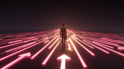 Person walks confidently along path illuminated by glowing arrows, symbolizing direction and progress. vibrant pink lights create futuristic atmosphere, evoking feelings of ambition