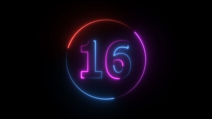 A dynamic circular illustration, and glowing neon number 16 illustration . on a black background. and creating a stunning illustration 4k illustration