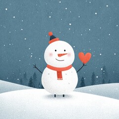 Snowman holding a heart with snowy landscape and falling snowflakes during winter