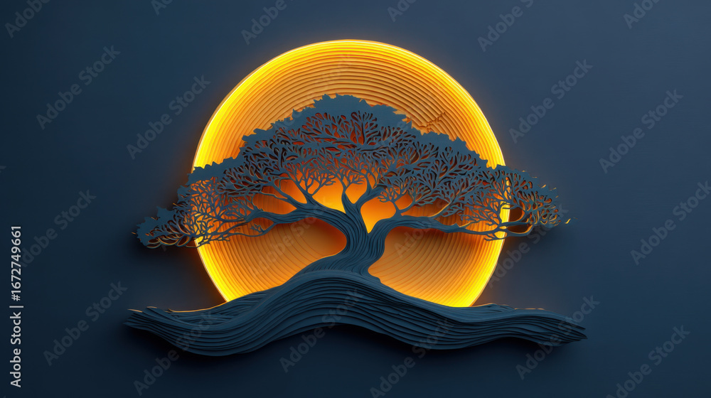 Poster stylized tree silhouette is set against glowing circular backdrop, resembling sun. design features i