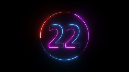 A dynamic circular illustration, and glowing neon number 22 illustration . on a black background. and creating a stunning illustration 4k illustration