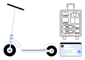 Electric scooter for mobility, detailed suitcase with clothes and shoes, chat window for communication. Ideal for travel, commuting, tech, organization, minimalism, efficiency simple landing page