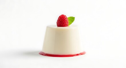 Delicate Panna Cotta Dessert Topped With Fresh Raspberry and Mint Isolated on White Background