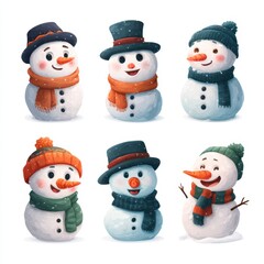 Snowmen in various styles and expressions celebrate winter joy during a festive snowy season