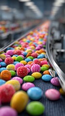 Conveyor belt filled with colorful candy during busy production in a candy factory