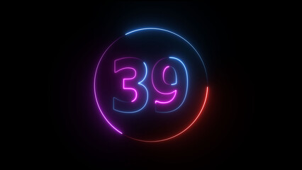 A dynamic circular illustration, and glowing neon number 39 illustration . on a black background. and creating a stunning illustration 4k illustration