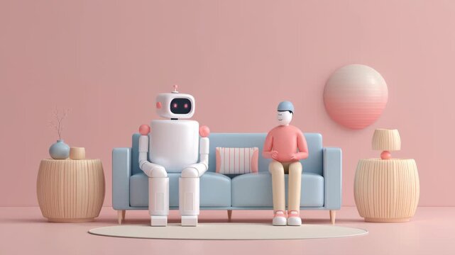 Living together in AI digital world, Minimalist scene with robot and human figure sitting on sofa in pastel room
