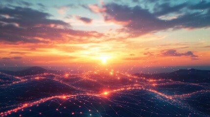 Digital Landscape Glows Under Sunset with Network, Data Flow, and Innovation Theme