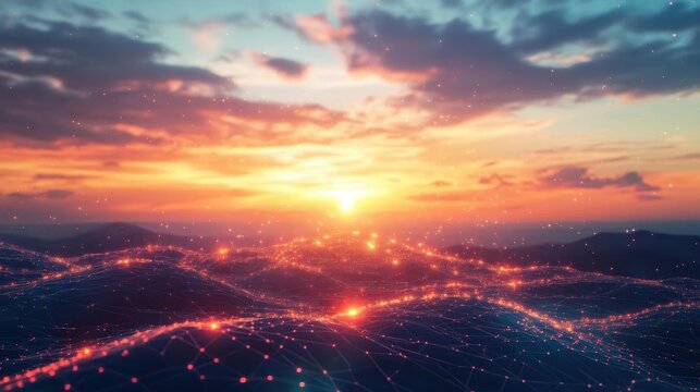 Digital Landscape Glows Under Sunset with Network, Data Flow, and Innovation Theme - Powered by Adobe