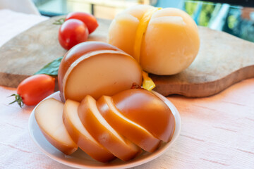 Cheese collection, white and smoked yellow italian scamorza cheese