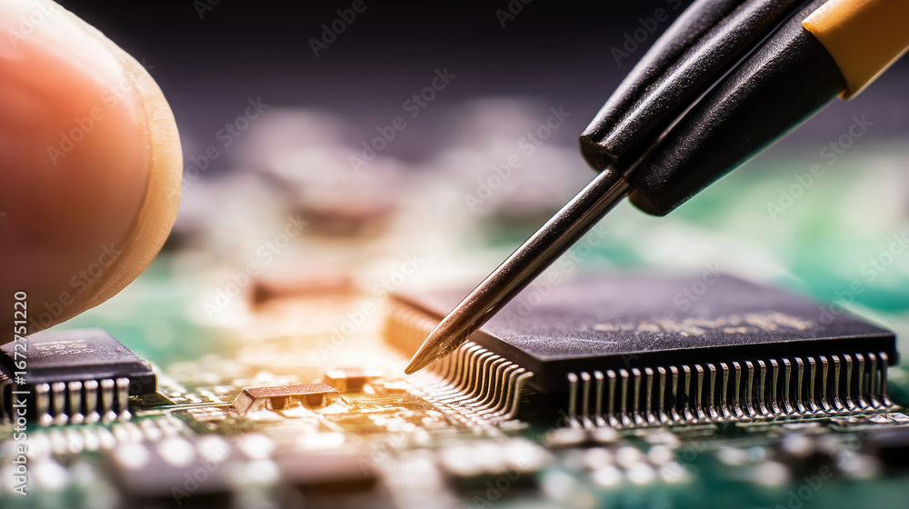 Poster close-up view of a technician repairing a circuit board with precision tools in a workshop