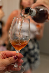 Tasting of Collioure AOC and Banyuls AOC white, rose and red wines, natural sweet grand cru Banyuls fortified dessert wine from old vines from slopes of Catalan Pyrenees in Roussillon, France