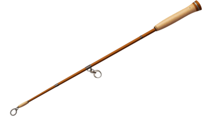Isolated view of a classic fishing rod with a wooden handle against a black background studio shot