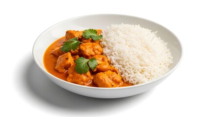 Delicious Indian Chicken Tikka Masala with fluffy white rice garnished with fresh cilantro isolated on white background