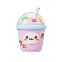 A cute pink and blue kawaii smoothie cup with a smiling face, topped with colorful fruit pieces under a clear dome lid.