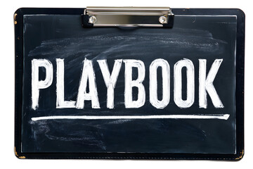 Chalkboard clipboard with word playbook written in white chalk, strategy and planning concept for business, sports coaching, teamwork, and leadership isolated on white background