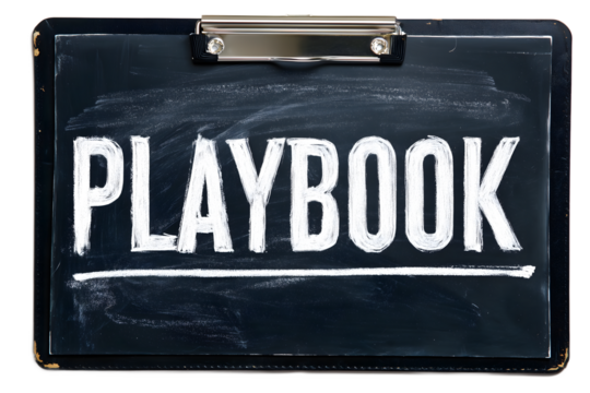 Chalkboard clipboard with word playbook written in white chalk, strategy and planning concept for business, sports coaching, teamwork, and leadership isolated on white background - Powered by Adobe