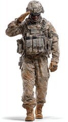 Fototapeta premium Soldier performing a salute in camouflage uniform against a neutral background, showcasing discipline and respect for duty