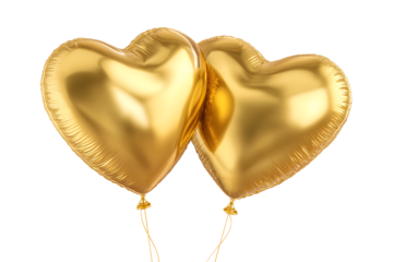 Two golden heart-shaped balloons isolated on white background, romantic decorative element for love, wedding, anniversary, Valentine’s Day, and celebration events