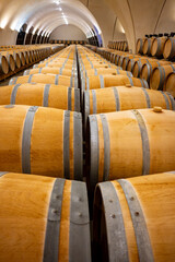 Visit of undergroud caves witn wine barrels in Cahors wine production area, red malbec wines, wine tasting in chateau, France