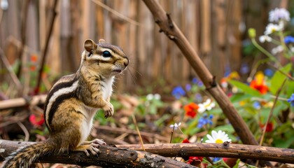 Obraz premium Eastern Chipmunk Sitting on a Branch in a Garden.