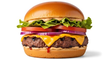 Delicious Juicy Cheeseburger with Fresh Lettuce Tomato and Onion Isolated on White Background