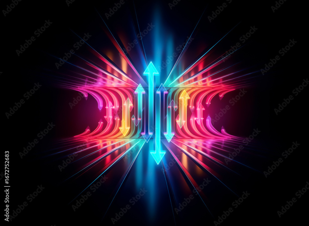 Poster vibrant, neon arrows converge, radiating upward in a dynamic display of growth and progress against 