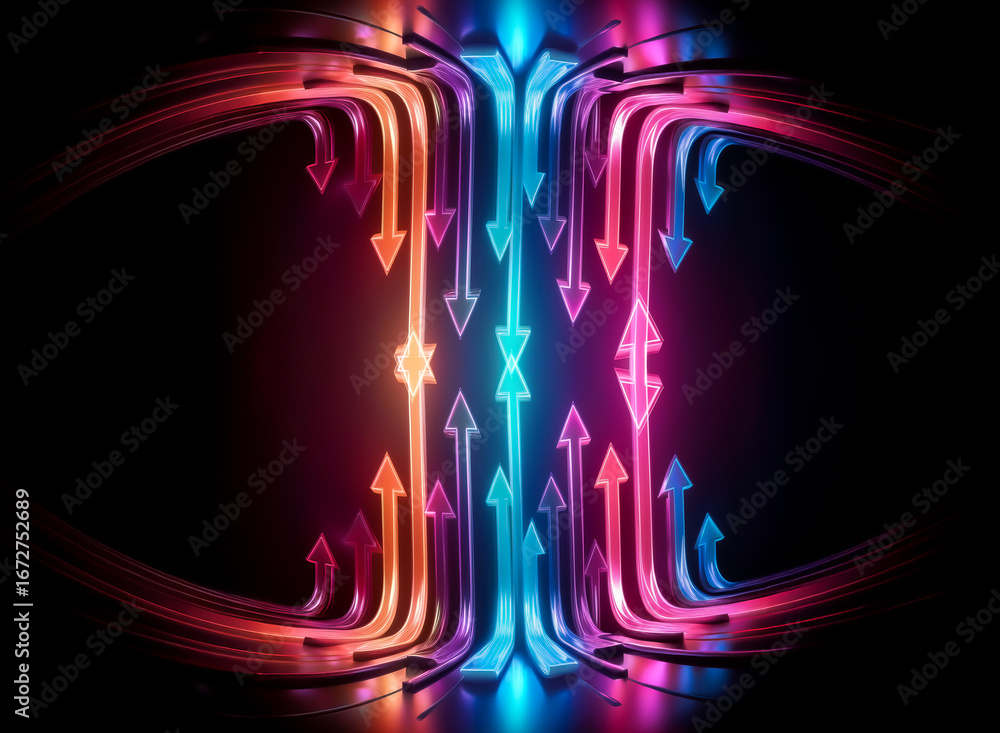 Poster vibrant neon arrows ascend, converging towards a shared apex against a dark background, reflecting o