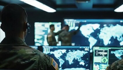 A military command center with soldiers and digital screens displaying maps - Powered by Adobe