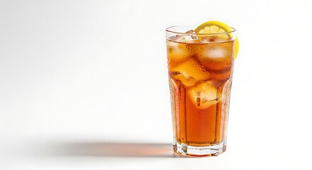Refreshing iced tea with lemon and ice cubes in a tall glass isolated on white background