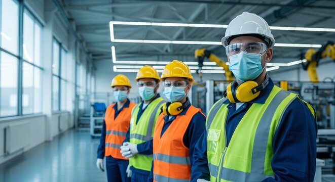 Diverse Factory Workers Standing Together Wearing Masks and Safety Gear in a Modern Factory