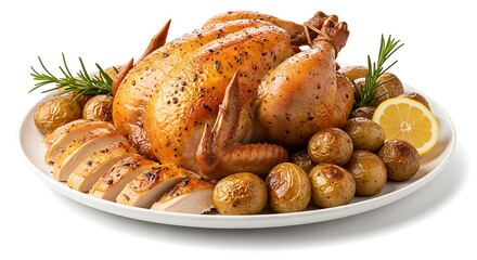 Delicious Roasted Chicken Dinner with Potatoes and Lemon Isolated on White Background