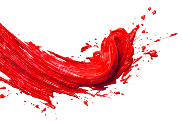 Red paint brush stroke with splashes isolated on white background, artistic abstract design element for creativity, modern art, decoration, and graphic design concepts