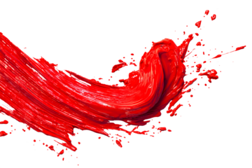 Red paint brush stroke with splashes isolated on white background, artistic abstract design element for creativity, modern art, decoration, and graphic design concepts
