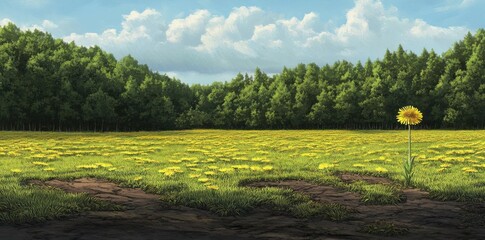 dandelions bloom in summer Meadow field, creating peaceful field and blue sky